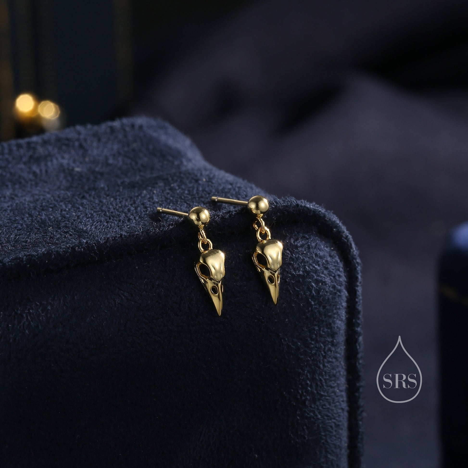 Sterling Silver Tiny Bird Skull Drop Stud Earrings Earrings, Silver or Gold or Rose Gold, Bird Skeleton Earrings in Sterling Silver