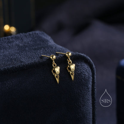 Sterling Silver Tiny Bird Skull Drop Stud Earrings Earrings, Silver or Gold or Rose Gold, Bird Skeleton Earrings in Sterling Silver