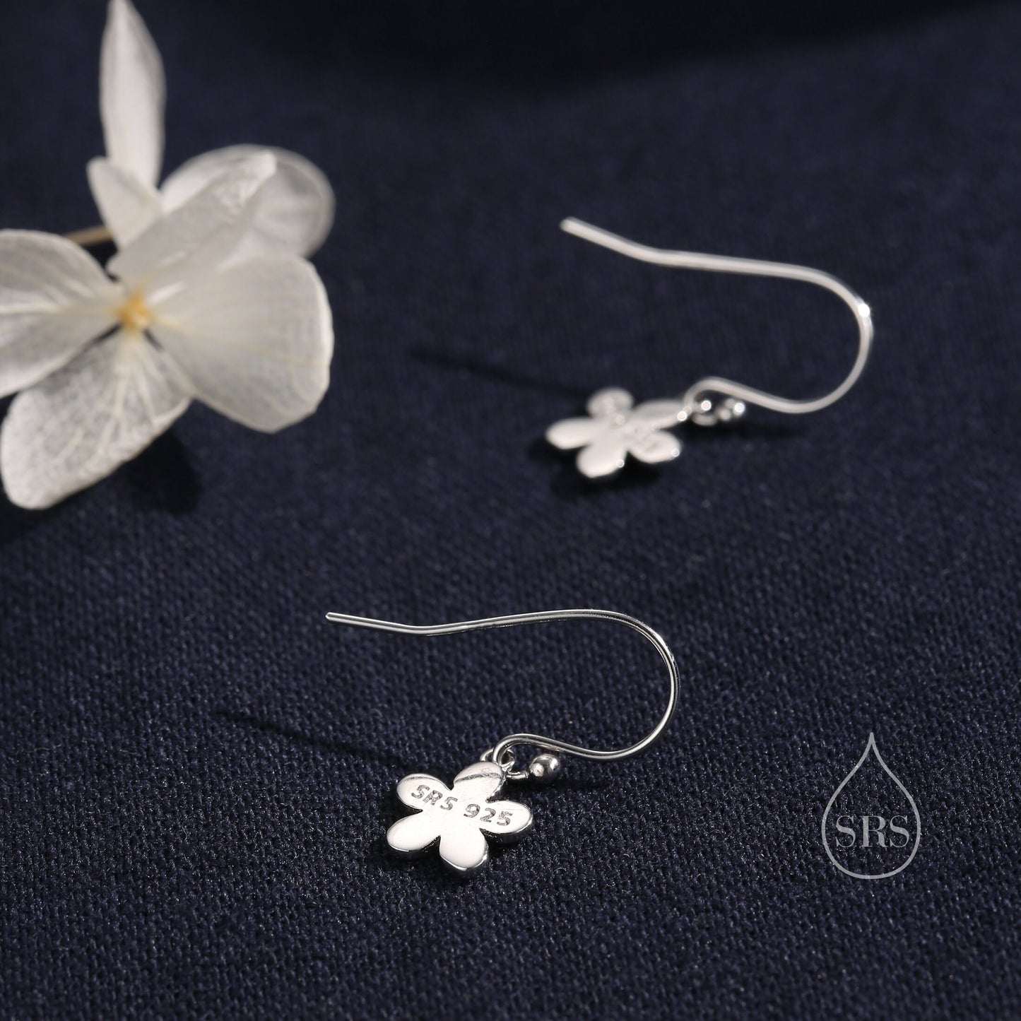 Forget-me-not Flower Drop Hook Earrings in Sterling Silver, Partial Gold, Flower hoop Earrings, Forget-me-not Floral Earrings