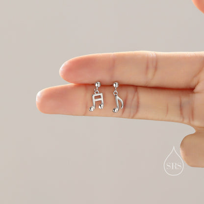 Mismatched Pair of Music Symbol Drop Stud Earrings in Sterling Silver, Silver, Gold or Rose Gold, Tiny Music Note Hoops