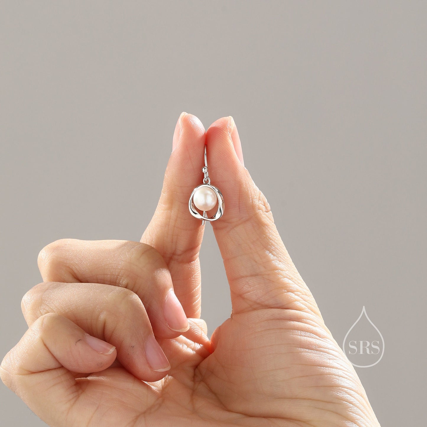 Genuine Freshwater Pearl and Mobius Circle Drop Hook Earrings in Sterling Silver, Delicate Keshi Pearl Halo Earrings, Genuine Pearls