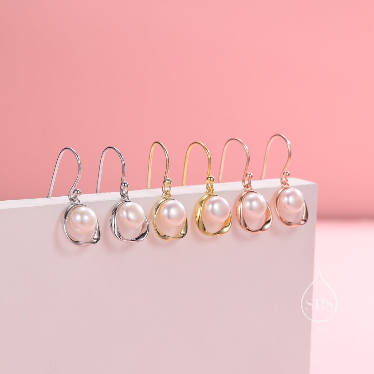 Genuine Freshwater Pearl and Mobius Circle Drop Hook Earrings in Sterling Silver, Delicate Keshi Pearl Halo Earrings, Genuine Pearls