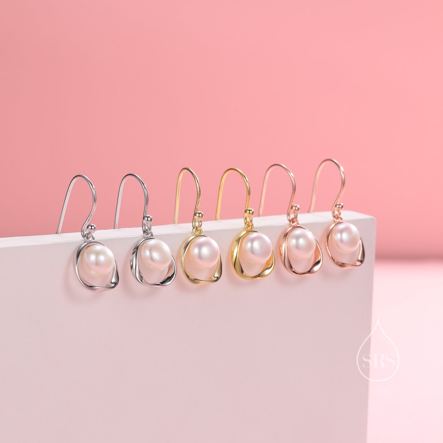 Genuine Freshwater Pearl and Mobius Circle Drop Hook Earrings in Sterling Silver, Delicate Keshi Pearl Halo Earrings, Genuine Pearls