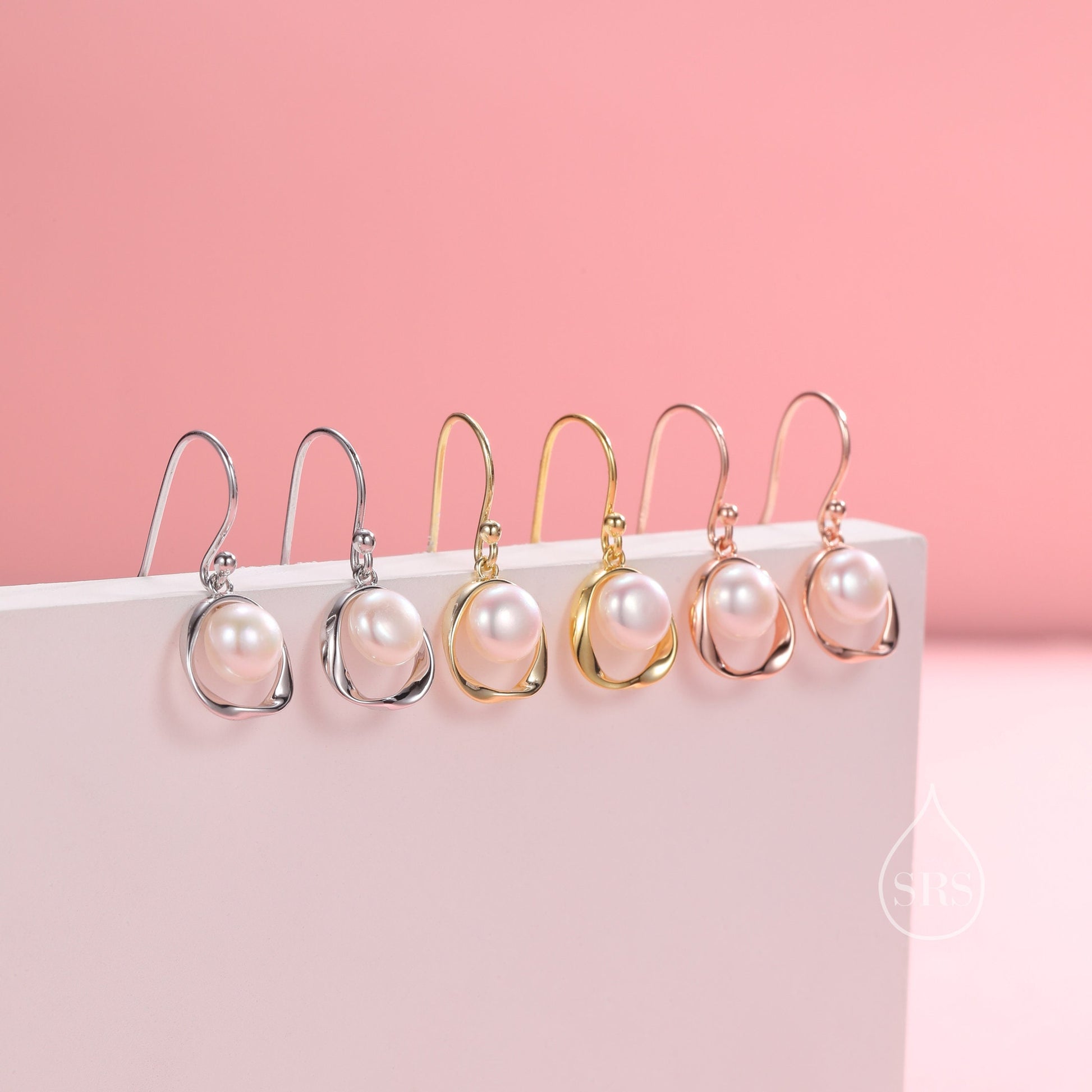 Genuine Freshwater Pearl and Mobius Circle Drop Hook Earrings in Sterling Silver, Delicate Keshi Pearl Halo Earrings, Genuine Pearls