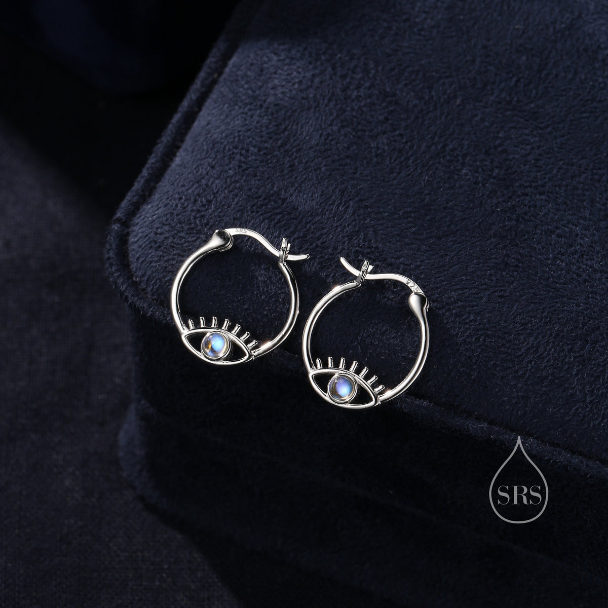 Moonstone Eye Hoop Earrings in Sterling Silver, Silver or Gold Evil Eye Hoops, Simulated Moonstone, Evil Eye Earrings, Eye Earrings