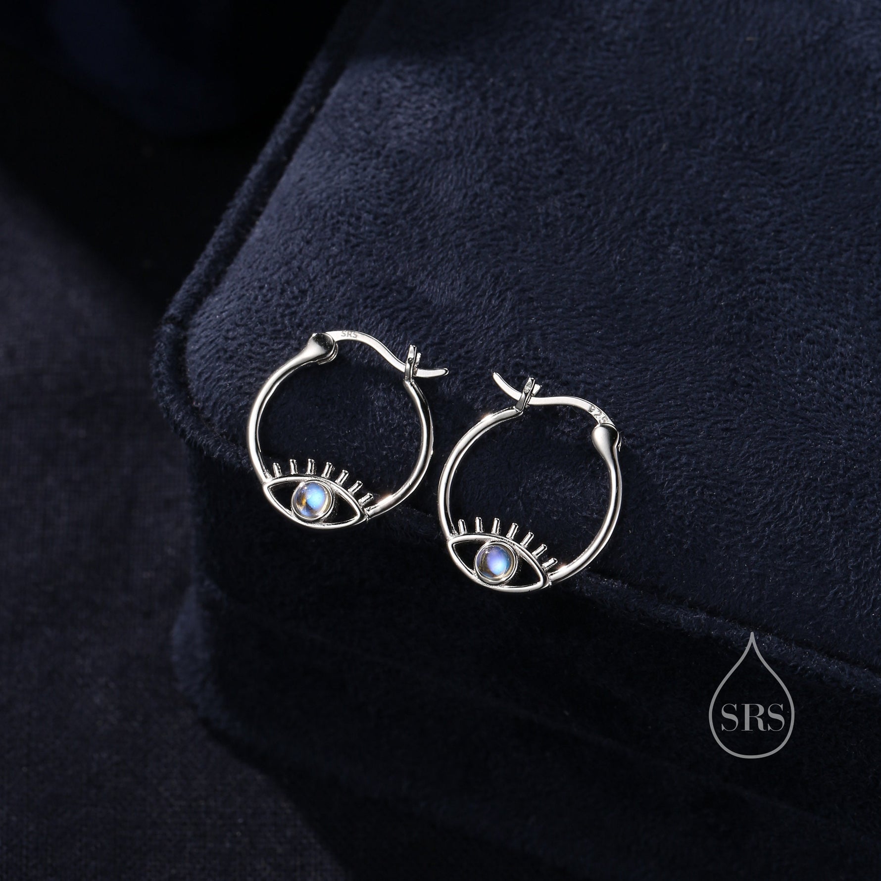 Moonstone Eye Hoop Earrings in Sterling Silver, Silver or Gold Evil Eye Hoops, Simulated Moonstone, Evil Eye Earrings, Eye Earrings