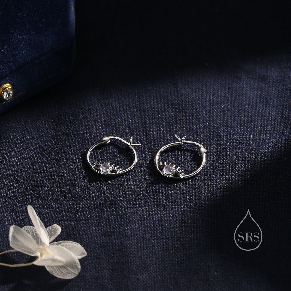 Moonstone Eye Hoop Earrings in Sterling Silver, Silver or Gold Evil Eye Hoops, Simulated Moonstone, Evil Eye Earrings, Eye Earrings