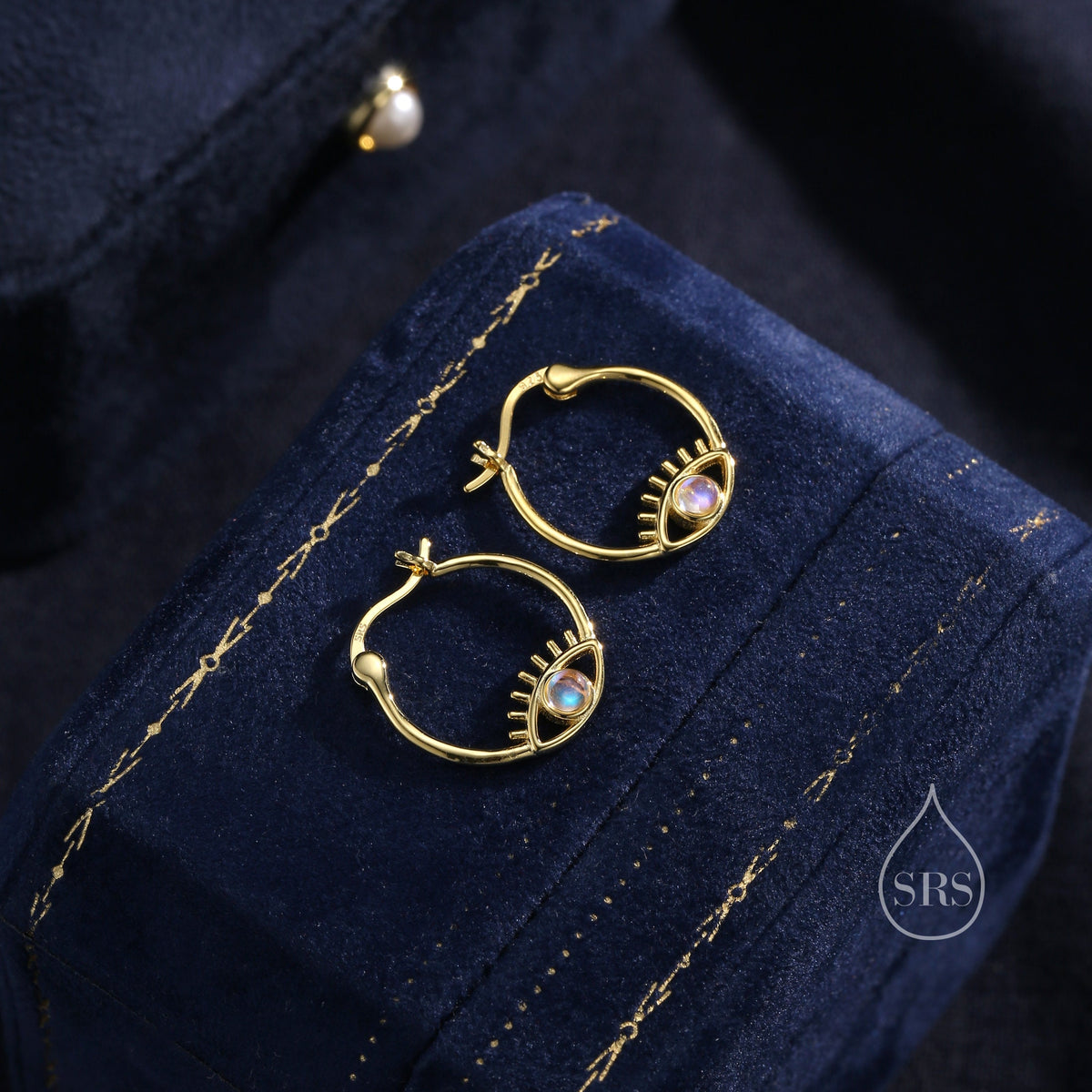 Moonstone Eye Hoop Earrings in Sterling Silver, Silver or Gold Evil Eye Hoops, Simulated Moonstone, Evil Eye Earrings, Eye Earrings