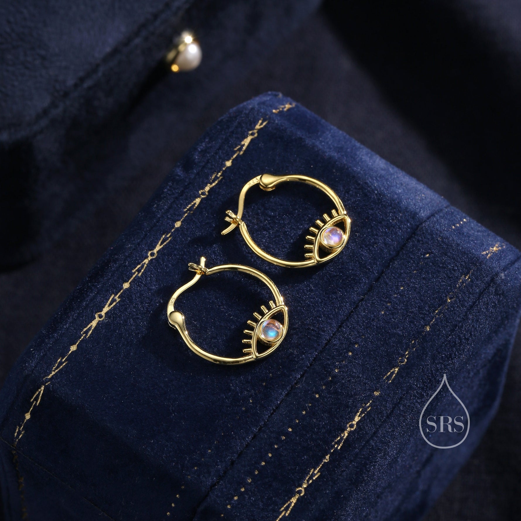 Moonstone Eye Hoop Earrings in Sterling Silver, Silver or Gold Evil Eye Hoops, Simulated Moonstone, Evil Eye Earrings, Eye Earrings