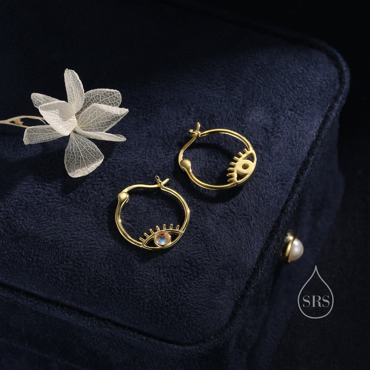 Moonstone Eye Hoop Earrings in Sterling Silver, Silver or Gold Evil Eye Hoops, Simulated Moonstone, Evil Eye Earrings, Eye Earrings