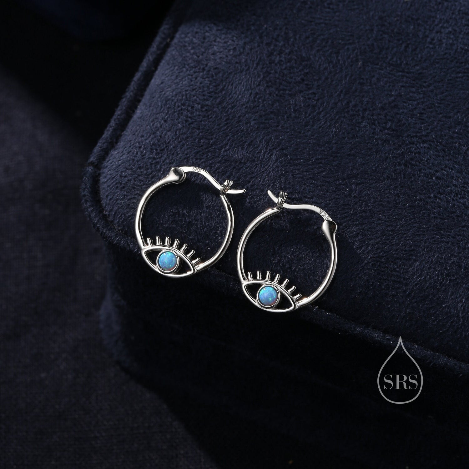 Blue Opal Eye Hoop Earrings in Sterling Silver, Silver or Gold Evil Eye Hoops, Simulated Opal,  Evil Eye Earrings, Lab Opal Eye Earrings