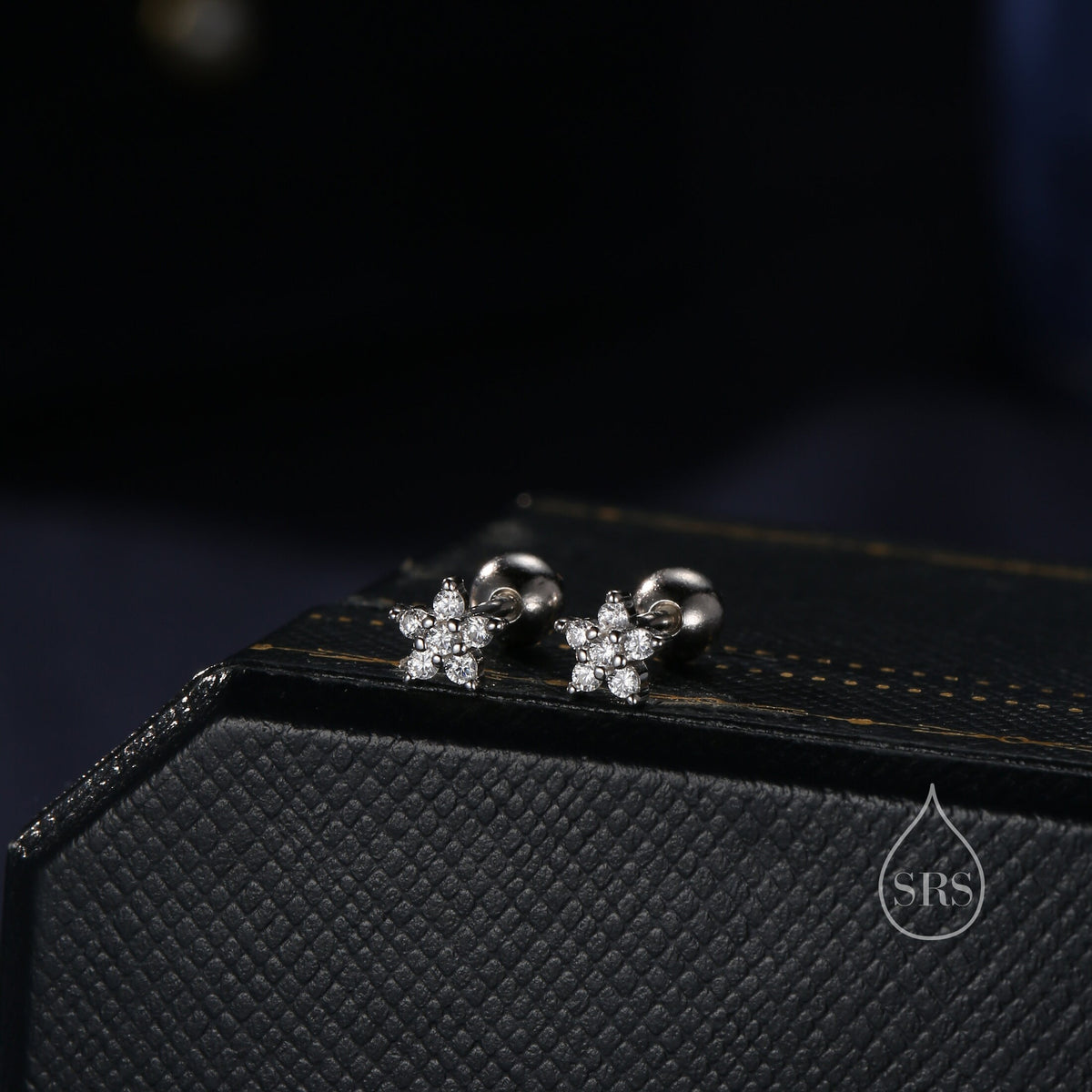 Very Tiny Flower CZ Screw Back Earrings in Sterling Silver, Forget Me Not Floral CZ Earrings, Silver or Gold, Flower CZ Earrings