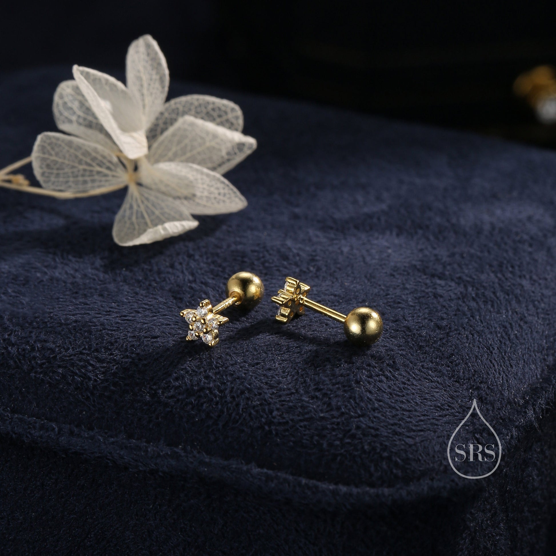 Tiny Flower CZ Internally Threaded Flat Back/ Screw Back Earrings in Sterling Silver, Forget Me Not Floral CZ Earrings, Silver or Gold