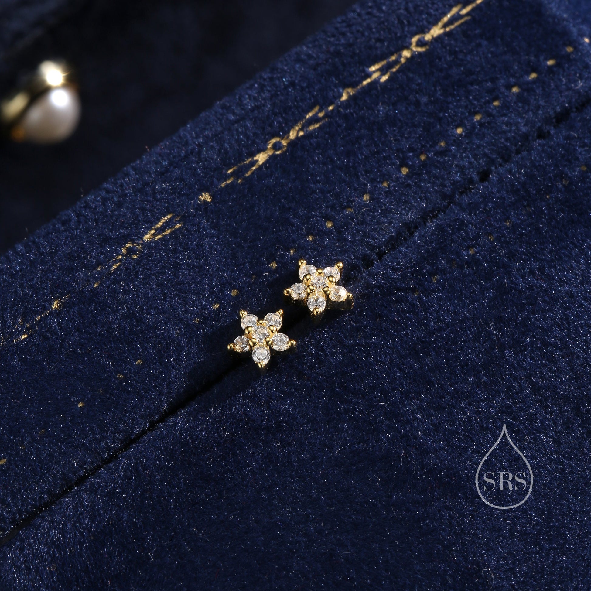 Tiny Flower CZ Internally Threaded Flat Back/ Screw Back Earrings in Sterling Silver, Forget Me Not Floral CZ Earrings, Silver or Gold