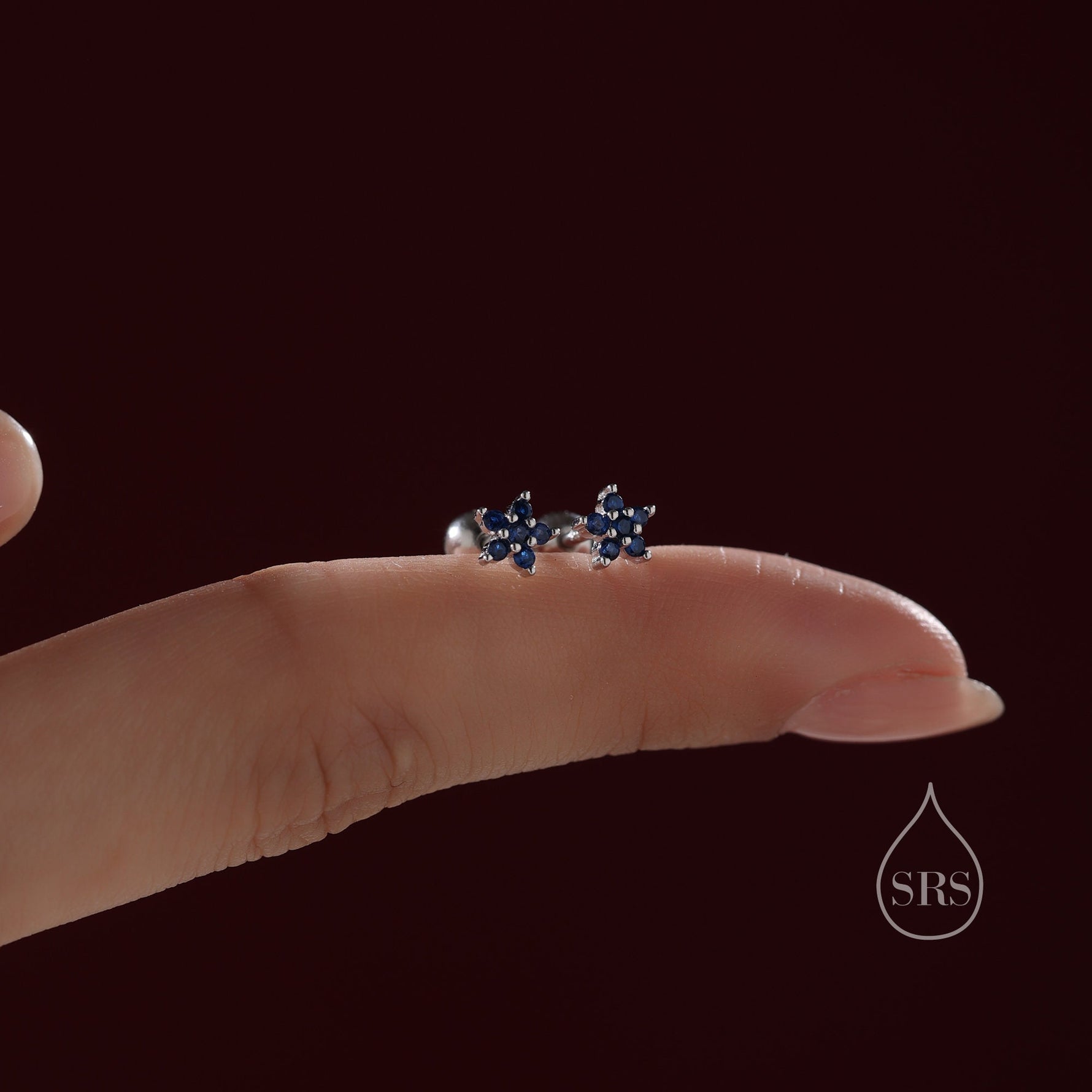 Sapphire Blue Flower CZ Screw Back Earrings in Sterling Silver, Forget Me Not Floral CZ Earrings, Silver or Gold, Flower CZ Earrings