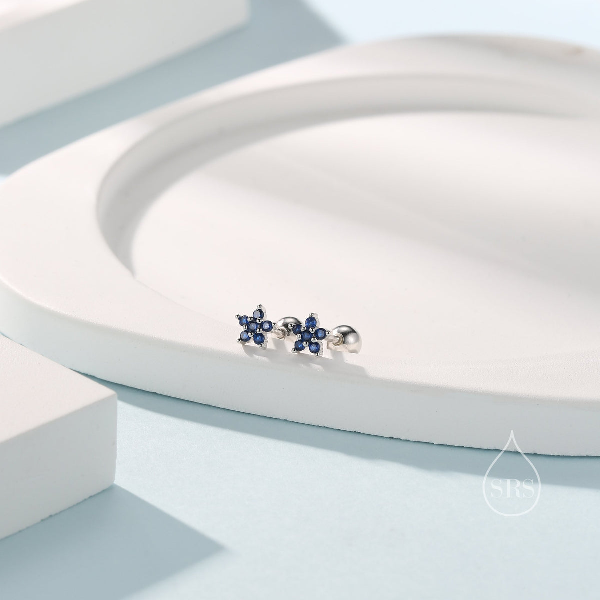 Sapphire Blue Flower CZ Screw Back Earrings in Sterling Silver, Forget Me Not Floral CZ Earrings, Silver or Gold, Flower CZ Earrings