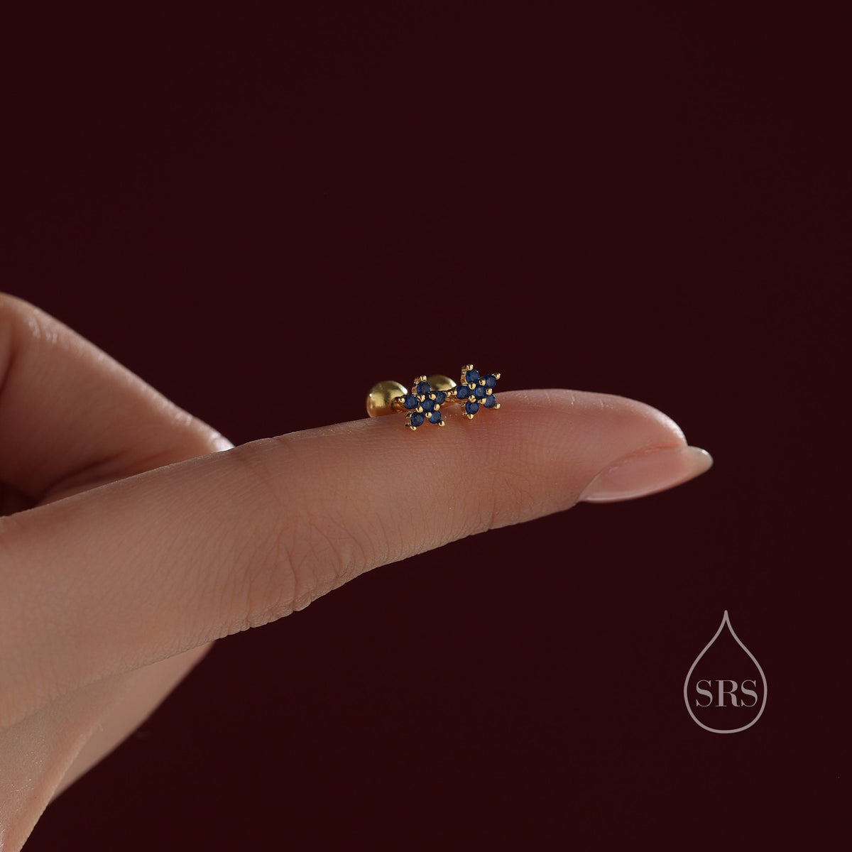 Sapphire Blue Flower CZ Screw Back Earrings in Sterling Silver, Forget Me Not Floral CZ Earrings, Silver or Gold, Flower CZ Earrings
