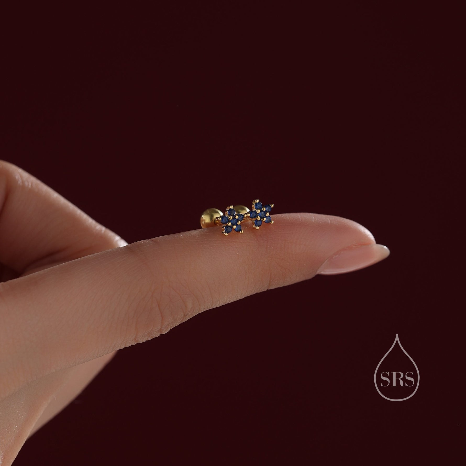Sapphire Blue Flower CZ Screw Back Earrings in Sterling Silver, Forget Me Not Floral CZ Earrings, Silver or Gold, Flower CZ Earrings