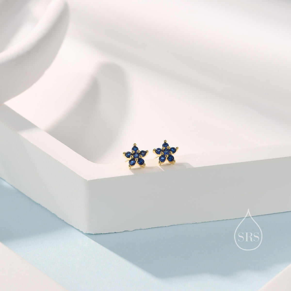 Sapphire Blue Flower CZ Screw Back Earrings in Sterling Silver, Forget Me Not Floral CZ Earrings, Silver or Gold, Flower CZ Earrings