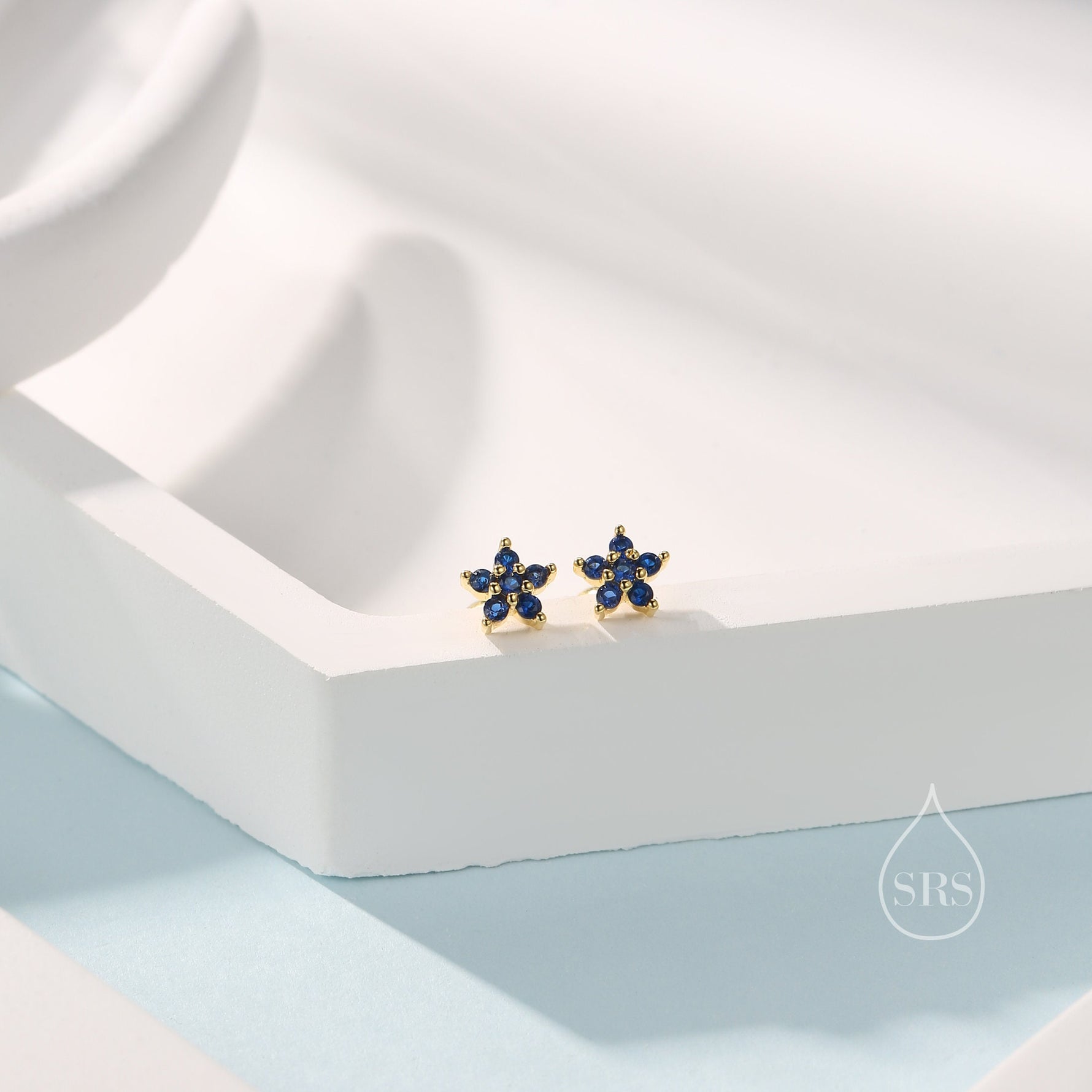 Sapphire Blue Flower CZ Screw Back Earrings in Sterling Silver, Forget Me Not Floral CZ Earrings, Silver or Gold, Flower CZ Earrings
