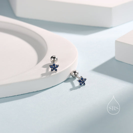 Sapphire Blue Flower CZ Screw Back Earrings in Sterling Silver, Forget Me Not Floral CZ Earrings, Silver or Gold, Flower CZ Earrings