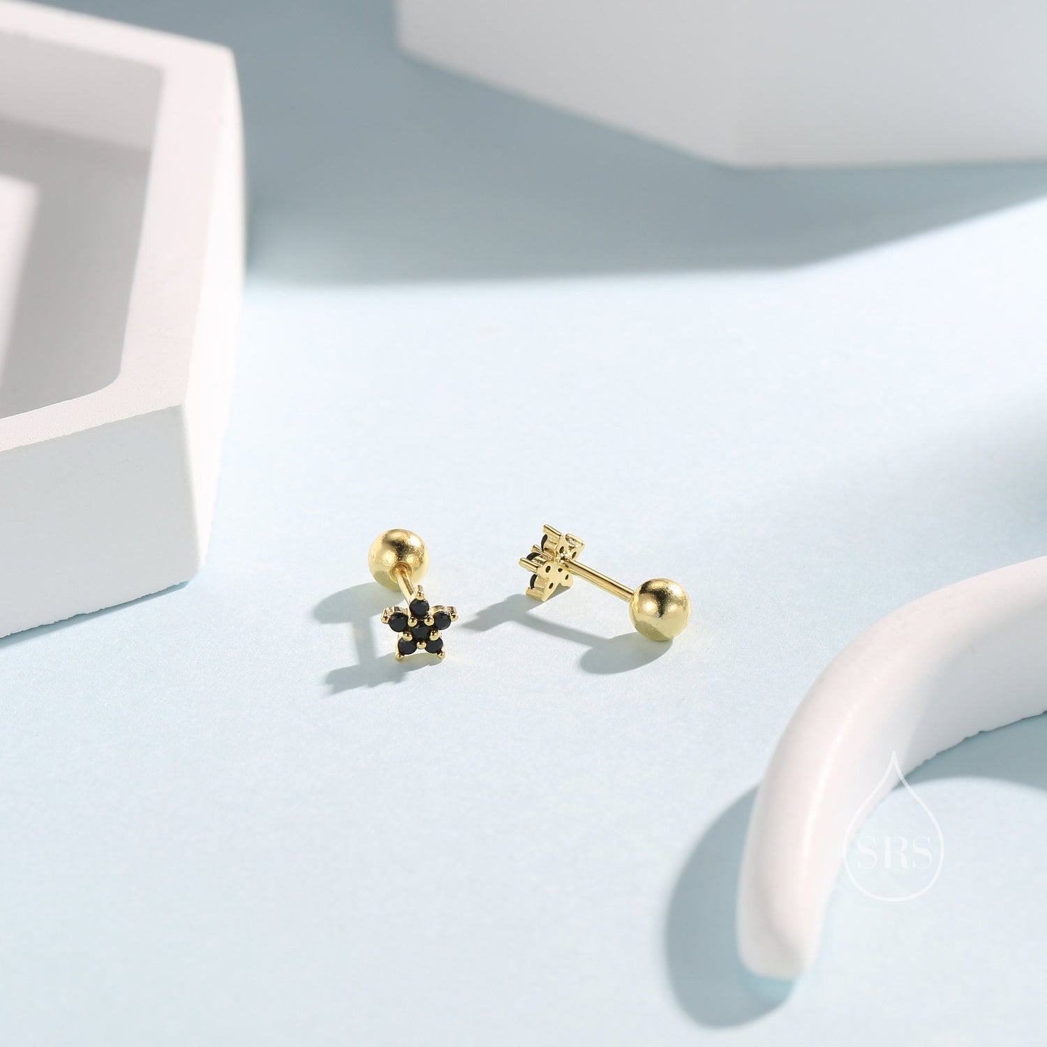 Black CZ Flower Screw Back Earrings in Sterling Silver, Forget Me Not Floral CZ Earrings, Silver or Gold, Flower CZ Earrings