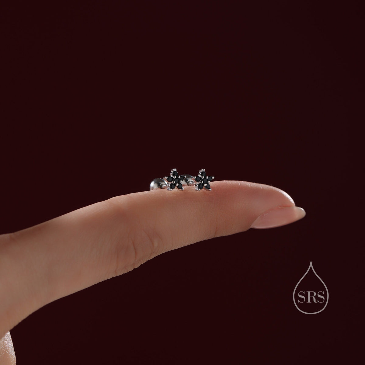 Black CZ Flower Screw Back Earrings in Sterling Silver, Forget Me Not Floral CZ Earrings, Silver or Gold, Flower CZ Earrings