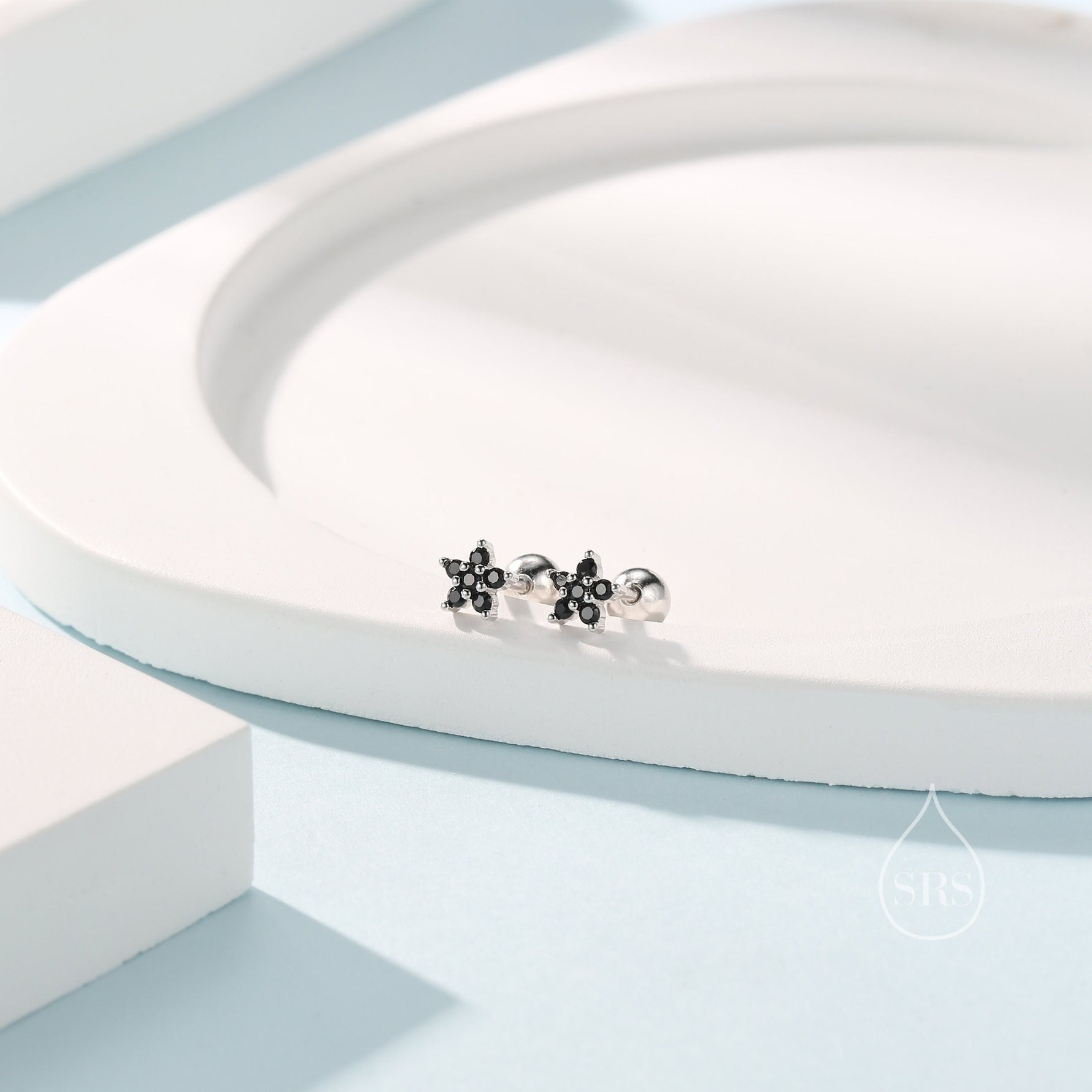 Black CZ Flower Screw Back Earrings in Sterling Silver, Forget Me Not Floral CZ Earrings, Silver or Gold, Flower CZ Earrings