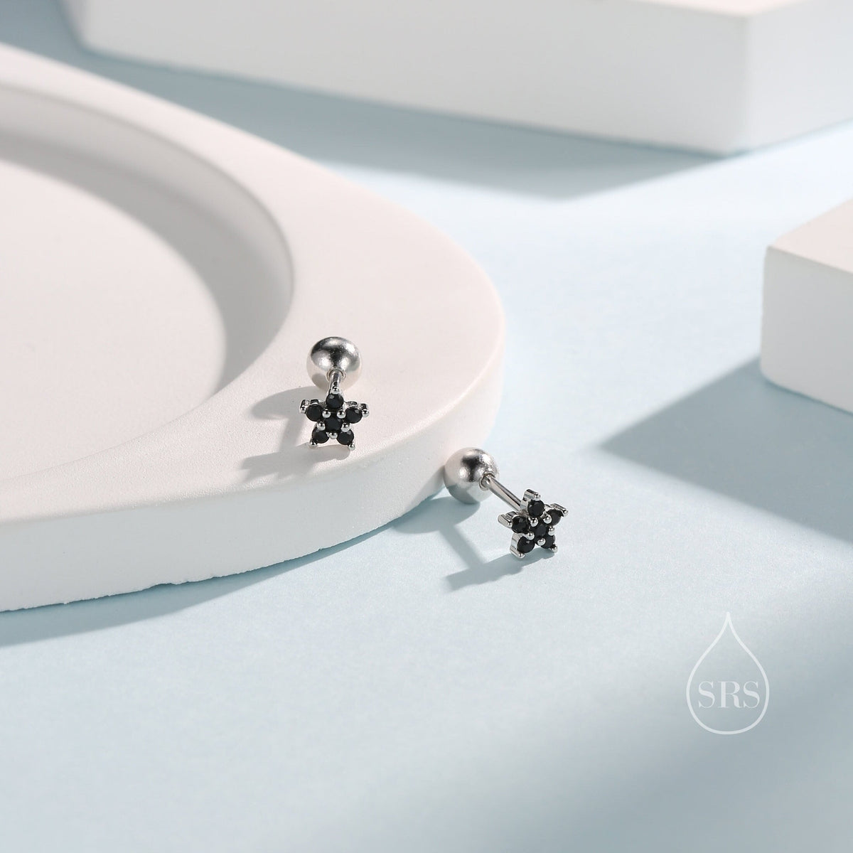 Black CZ Flower Screw Back Earrings in Sterling Silver, Forget Me Not Floral CZ Earrings, Silver or Gold, Flower CZ Earrings