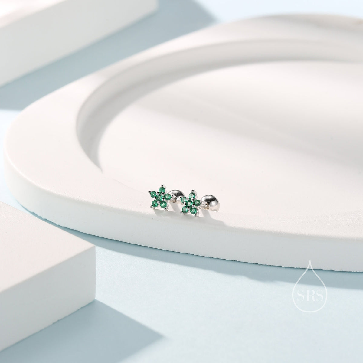 Emerald Green Flower CZ Screw Back Earrings in Sterling Silver, Forget Me Not Floral CZ Earrings, Silver or Gold, Flower CZ Earrings