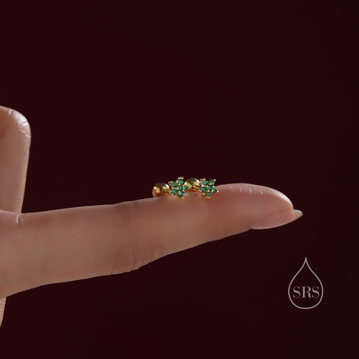 Emerald Green Flower CZ Screw Back Earrings in Sterling Silver, Forget Me Not Floral CZ Earrings, Silver or Gold, Flower CZ Earrings
