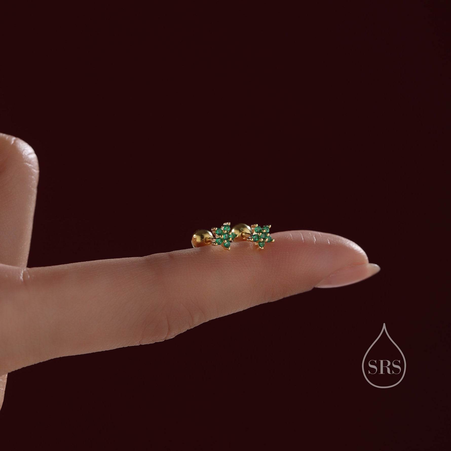 Emerald Green Flower CZ Screw Back Earrings in Sterling Silver, Forget Me Not Floral CZ Earrings, Silver or Gold, Flower CZ Earrings