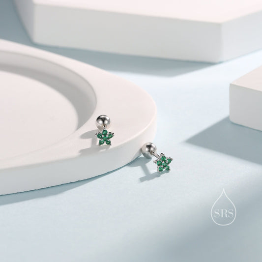 Emerald Green Flower CZ Screw Back Earrings in Sterling Silver, Forget Me Not Floral CZ Earrings, Silver or Gold, Flower CZ Earrings