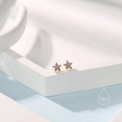 Amethyst Purple Flower CZ Screw Back Earrings in Sterling Silver, Forget Me Not Floral CZ Earrings, Silver or Gold, Flower CZ Earrings