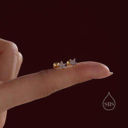 Amethyst Purple Flower CZ Screw Back Earrings in Sterling Silver, Forget Me Not Floral CZ Earrings, Silver or Gold, Flower CZ Earrings