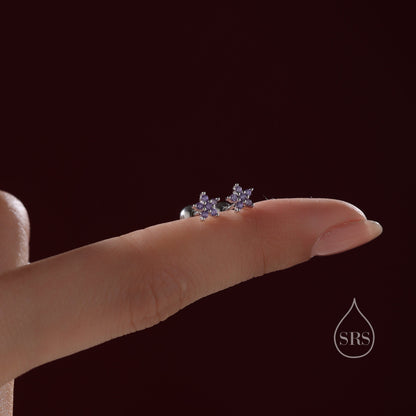 Amethyst Purple Flower CZ Screw Back Earrings in Sterling Silver, Forget Me Not Floral CZ Earrings, Silver or Gold, Flower CZ Earrings