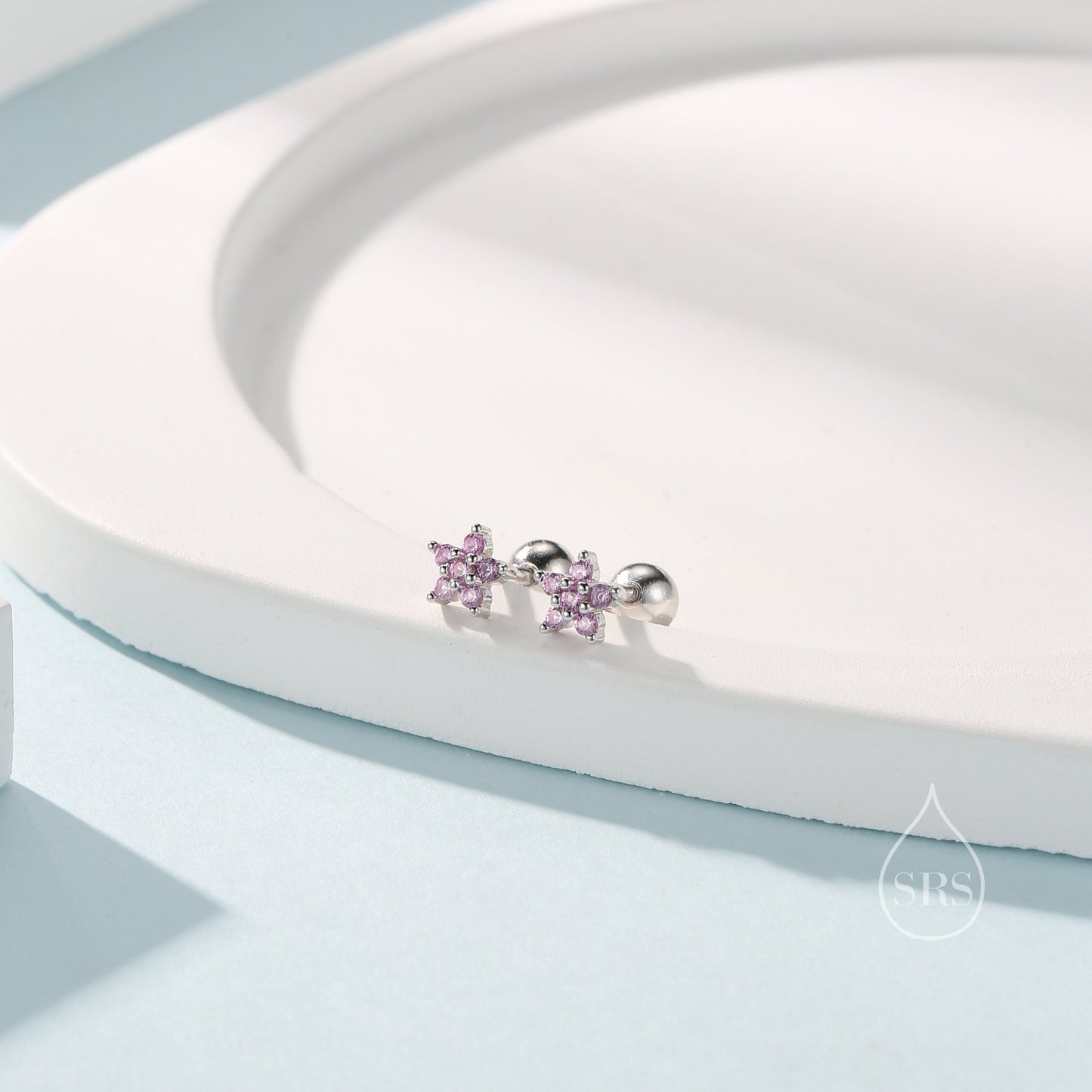 Pink Flower CZ Screw Back Earrings in Sterling Silver, Forget Me Not Floral CZ Earrings, Silver or Gold, Flower CZ Earrings