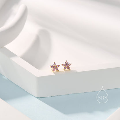 Pink Flower CZ Screw Back Earrings in Sterling Silver, Forget Me Not Floral CZ Earrings, Silver or Gold, Flower CZ Earrings