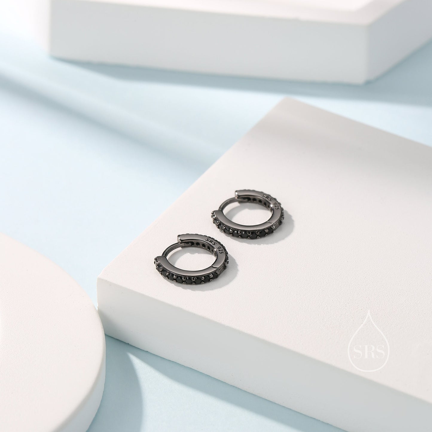 Black CZ Huggie Hoop in Sterling Silver, 6mm or 8mm, Black Rhodium Coated Hoops, Minimalist Simple Hoop Earrings, Black Hoops with Black CZ