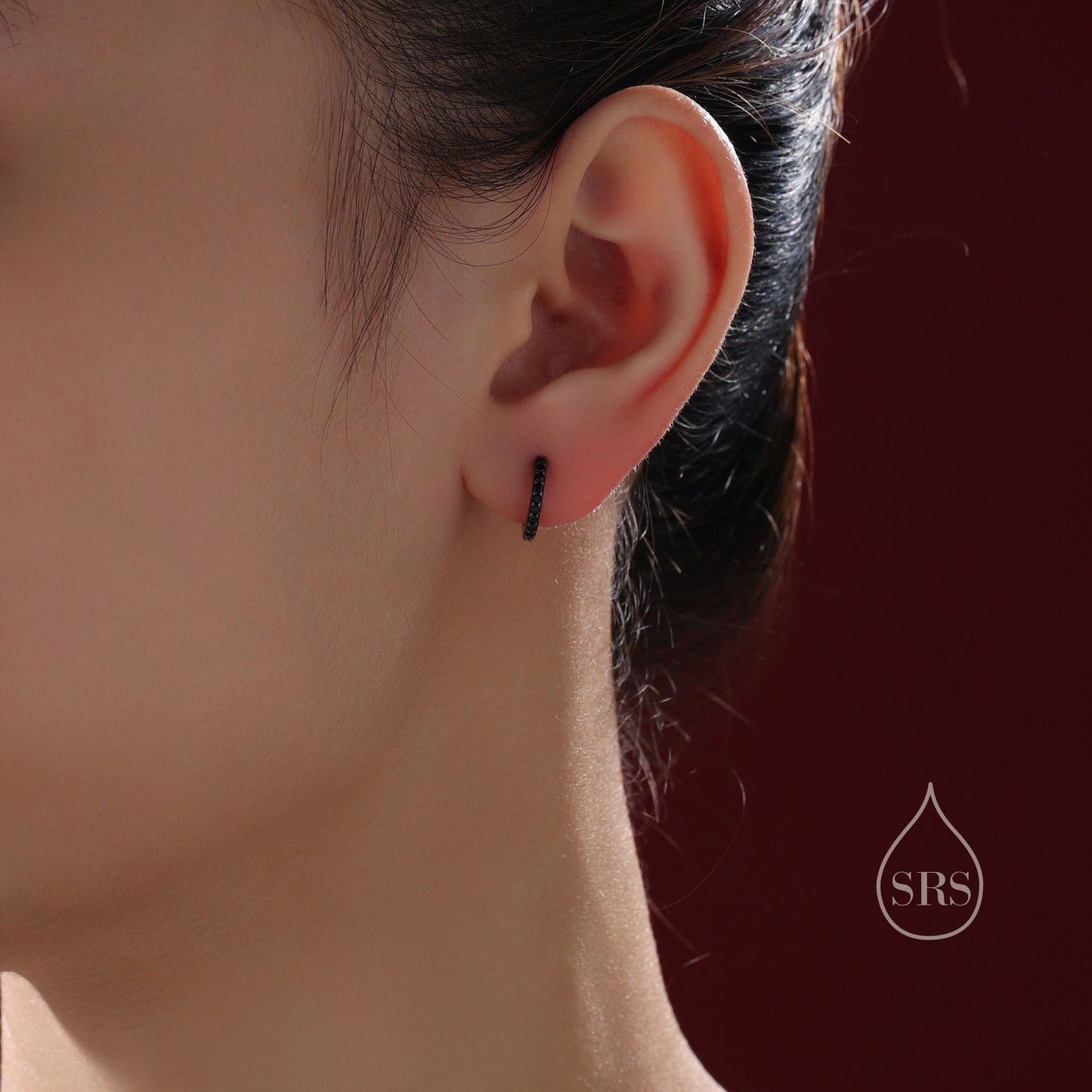 Black CZ Huggie Hoop in Sterling Silver, 6mm or 8mm, Black Rhodium Coated Hoops, Minimalist Simple Hoop Earrings, Black Hoops with Black CZ