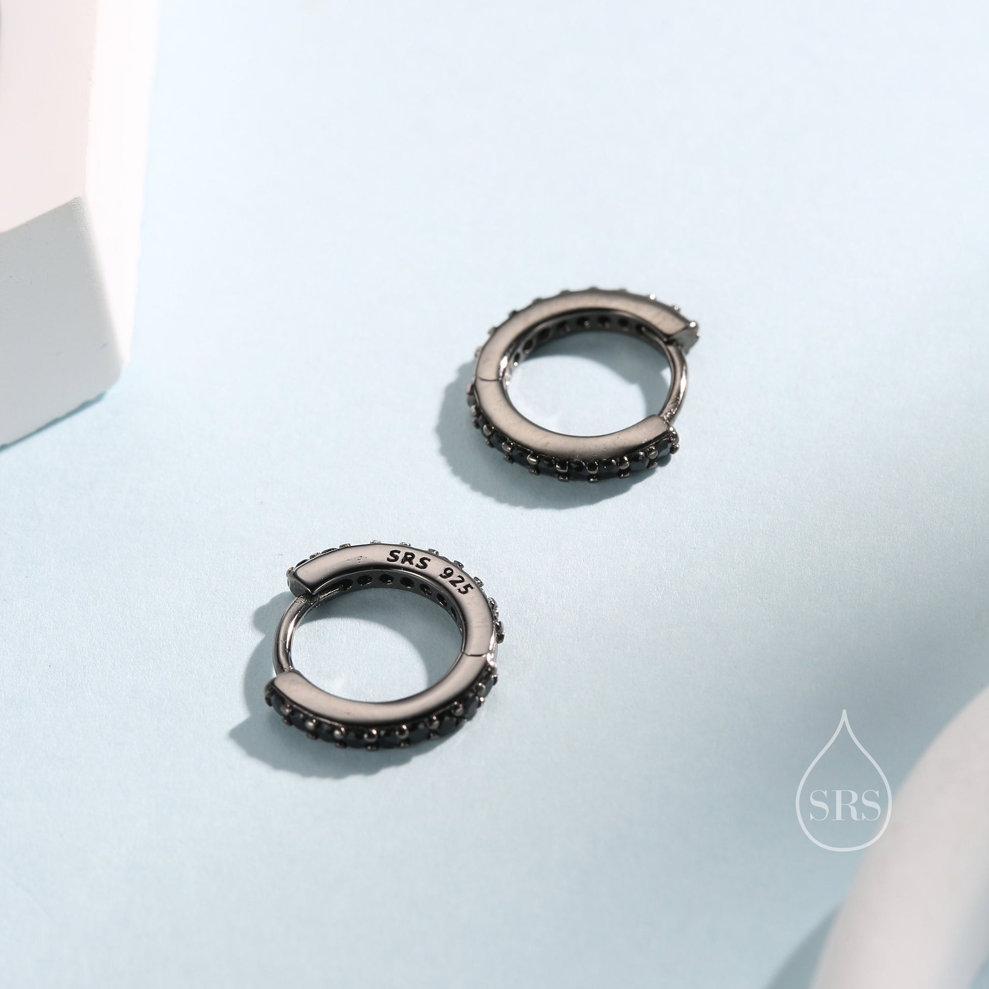 Black CZ Huggie Hoop in Sterling Silver, 6mm or 8mm, Black Rhodium Coated Hoops, Minimalist Simple Hoop Earrings, Black Hoops with Black CZ