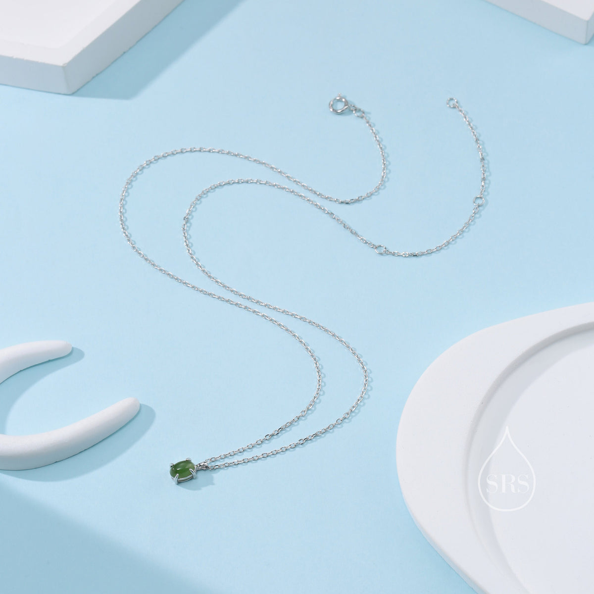 Genuine Green Jade Oval Necklace in Sterling Silver, Dainty Jade Oval Cabochon Necklace, Natural Jade Necklace