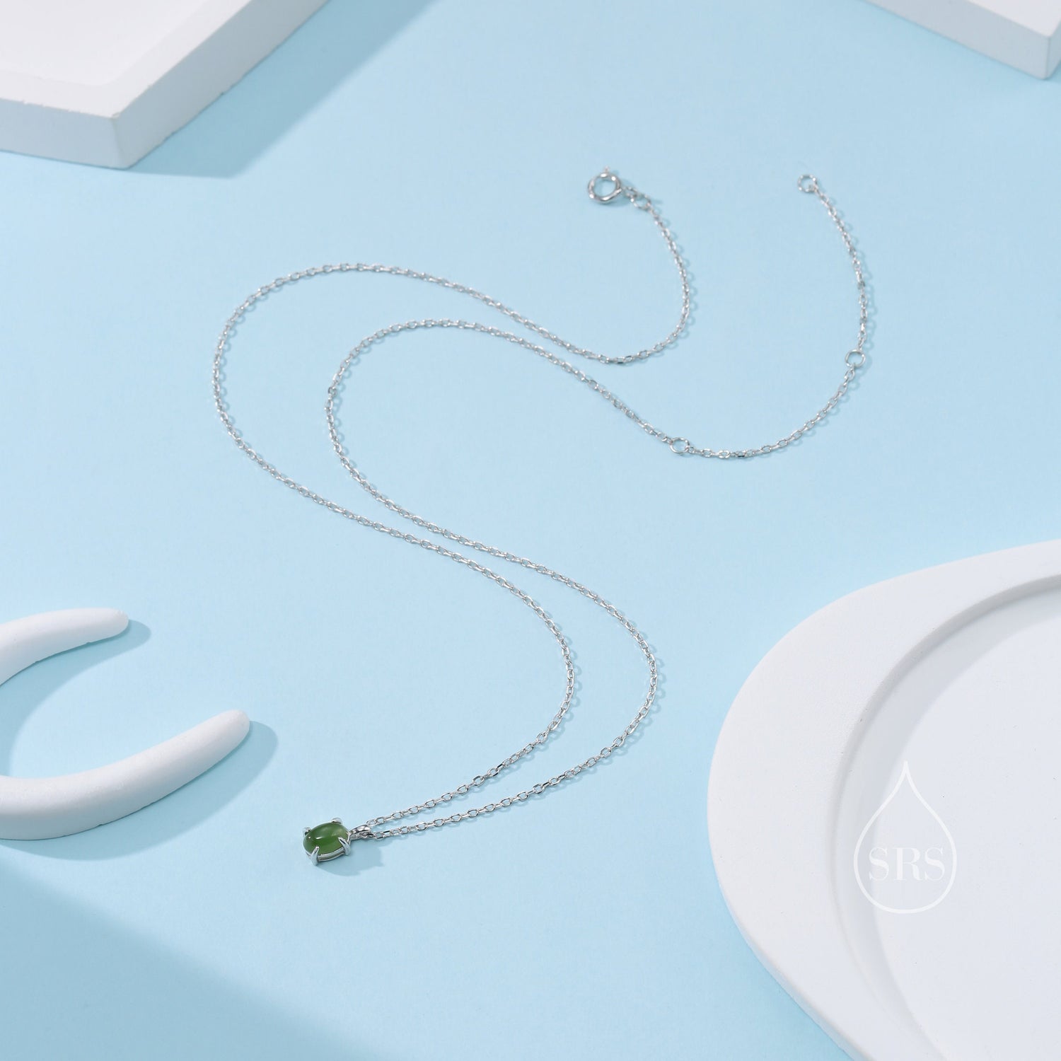 Genuine Green Jade Oval Necklace in Sterling Silver, Dainty Jade Oval Cabochon Necklace, Natural Jade Necklace