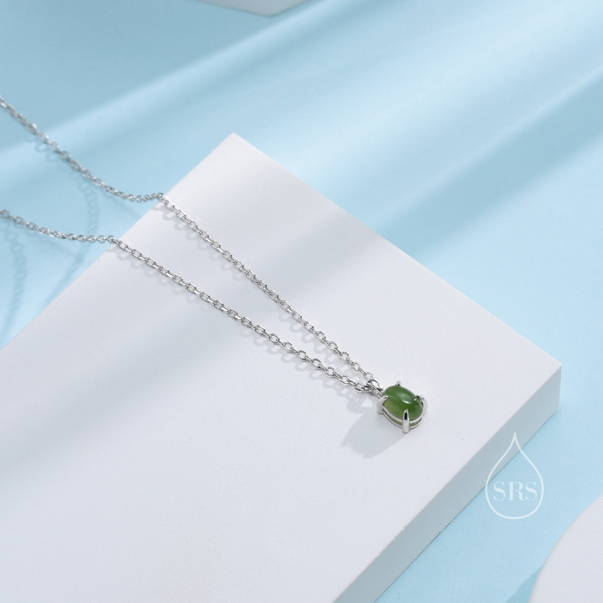 Genuine Green Jade Oval Necklace in Sterling Silver, Dainty Jade Oval Cabochon Necklace, Natural Jade Necklace