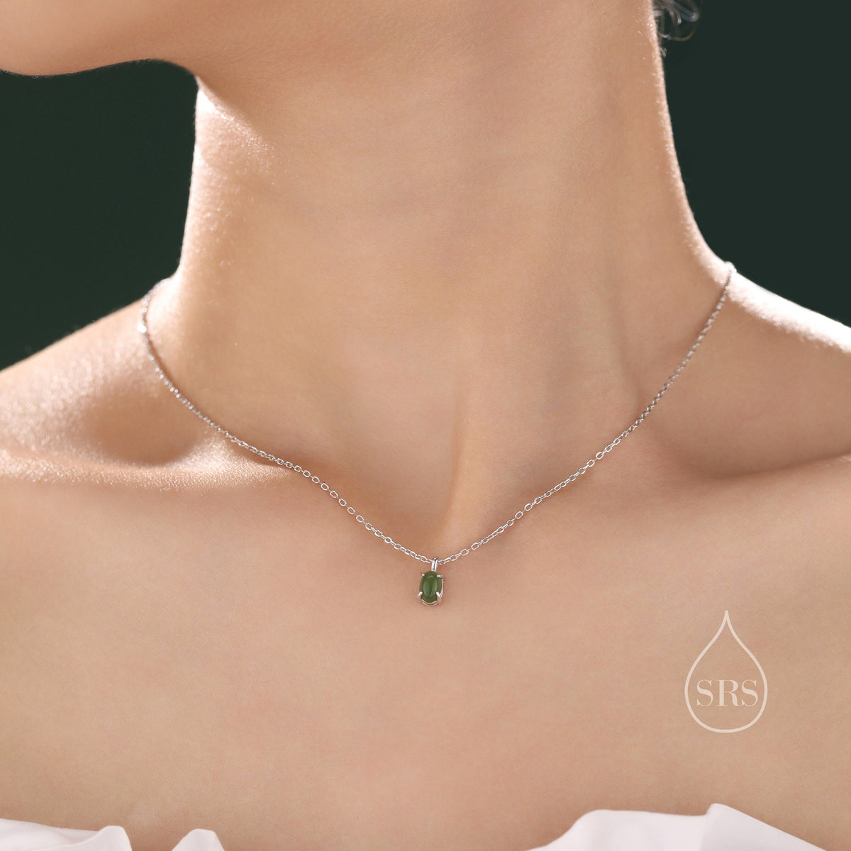 Genuine Green Jade Oval Necklace in Sterling Silver, Dainty Jade Oval Cabochon Necklace, Natural Jade Necklace