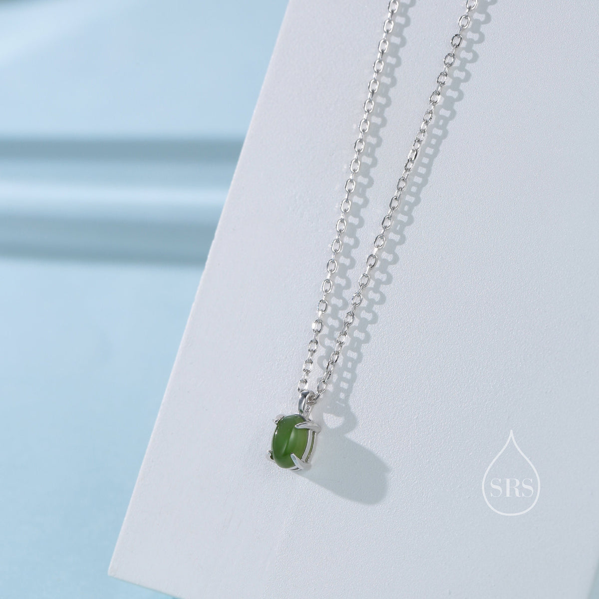 Genuine Green Jade Oval Necklace in Sterling Silver, Dainty Jade Oval Cabochon Necklace, Natural Jade Necklace