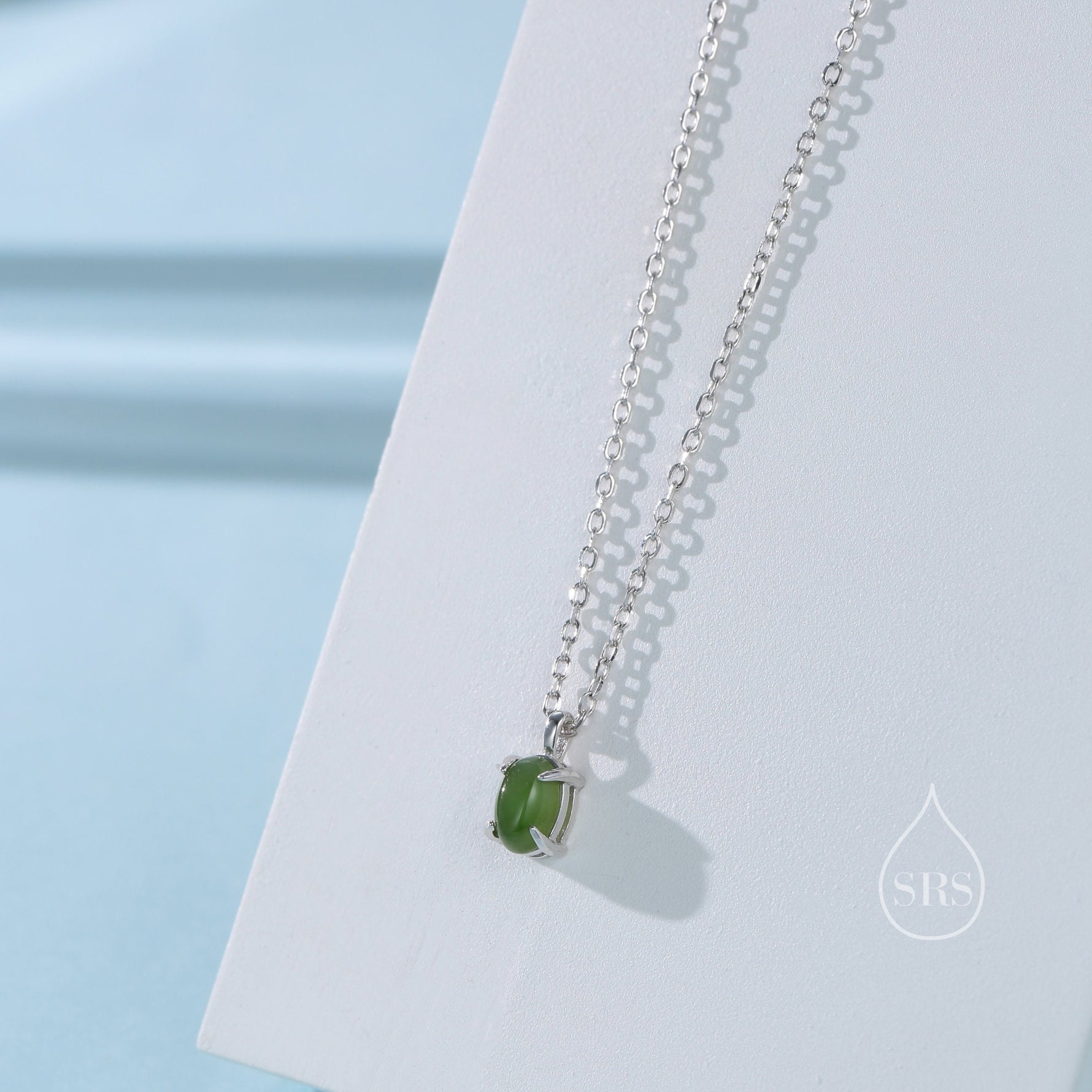 Genuine Green Jade Oval Necklace in Sterling Silver, Dainty Jade Oval Cabochon Necklace, Natural Jade Necklace