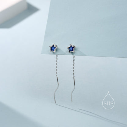 Sapphire Blue Star Bezel CZ Crystal Threader Earrings in Sterling Silver, Silver or Gold, Minimalist Star Cut Ear Threaders