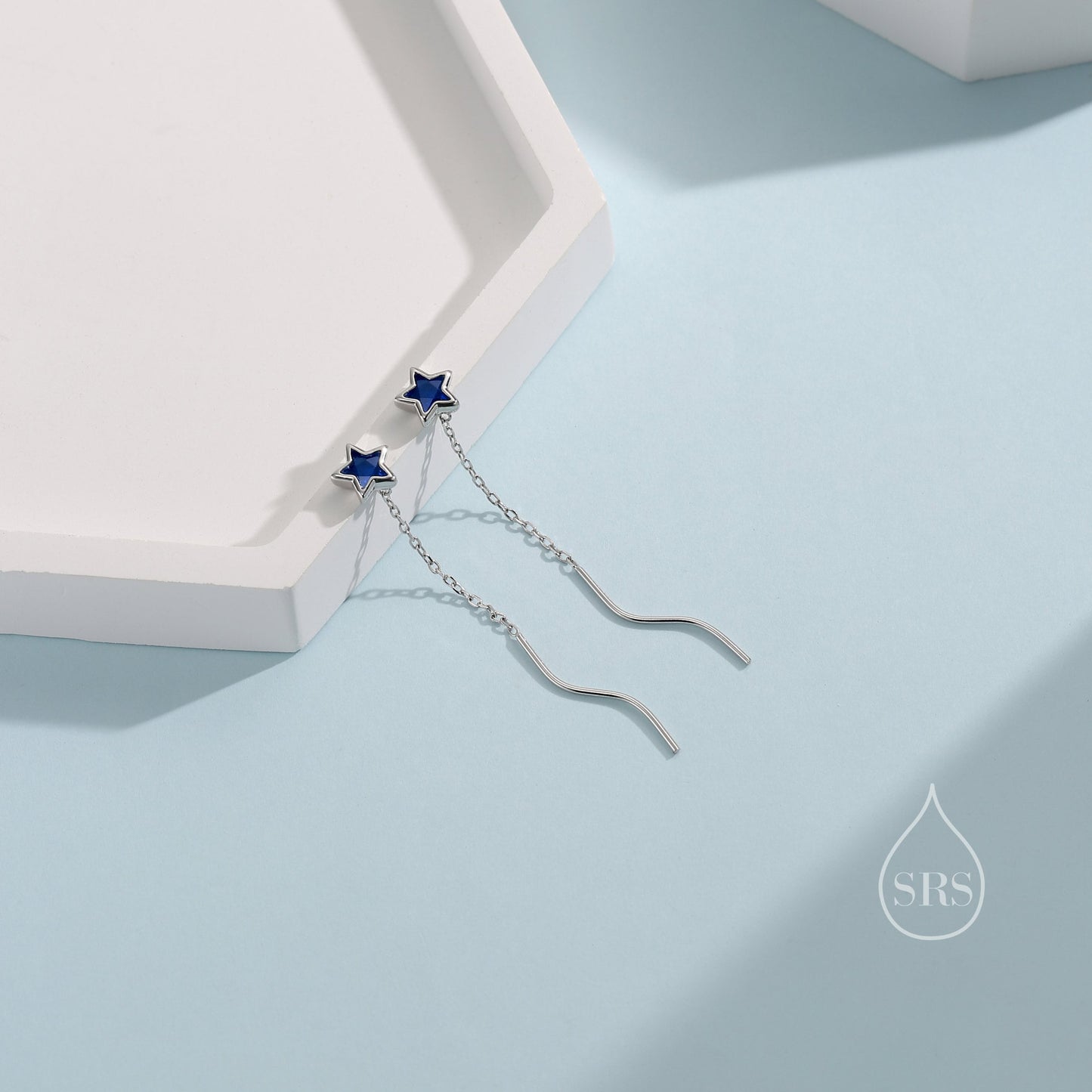 Sapphire Blue Star Bezel CZ Crystal Threader Earrings in Sterling Silver, Silver or Gold, Minimalist Star Cut Ear Threaders