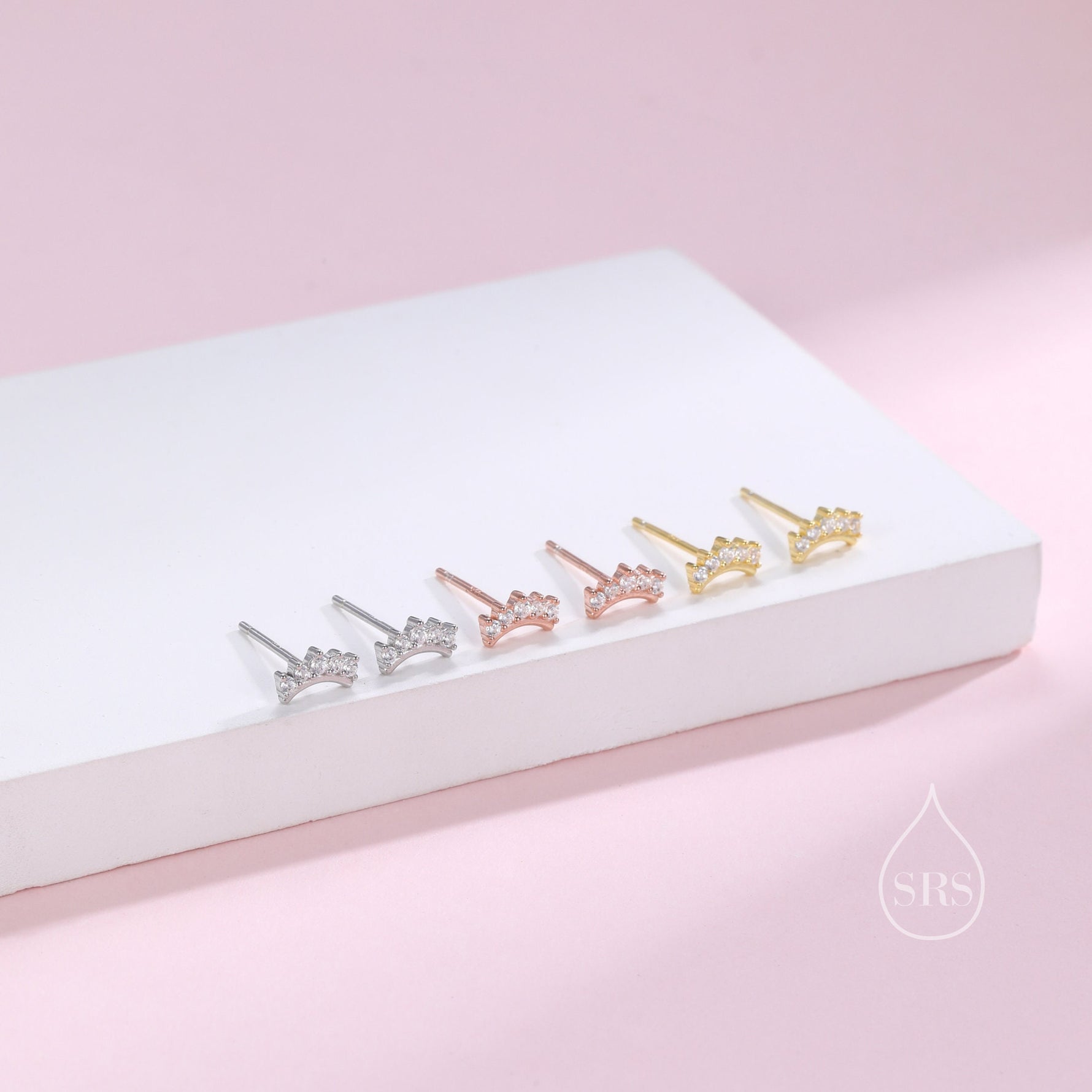 Extra Tiny Curved CZ Bar Stud Earrings in Sterling Silver, Silver or Gold, Geometric Tiny Three Star CZ Earrings, Stacking Earrings